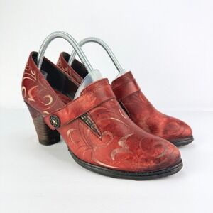 Socofy 39 Red Leather Retro Floral Swirl Artsy Leather Womens Heeled Ankle Boots